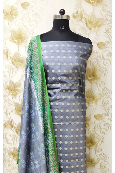 All Over Self Weaving Butta Work Ash Semi Kathan Silk Suit Fabric Set (KR1498)